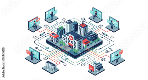 Isometric illustration of a cityscape with interconnected devices and buildings.