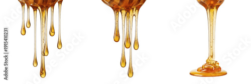 Realistic Golden Honey Dripping Set, Sweet Amber Liquid Drops Isolated on Transparent PNG