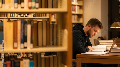 Young Caucasian male student studying with laptop at wooden desk in university library surrounded by bookshelves for academic research and learning.