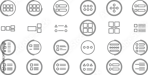 Large set of minimal UI UX menu and list view icons featuring grid layouts and navigation symbols isolated on white background for web app design development.