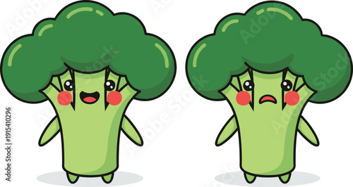Cute broccoli character set with happy and sad emotions for kids nutrition education and playful food designs