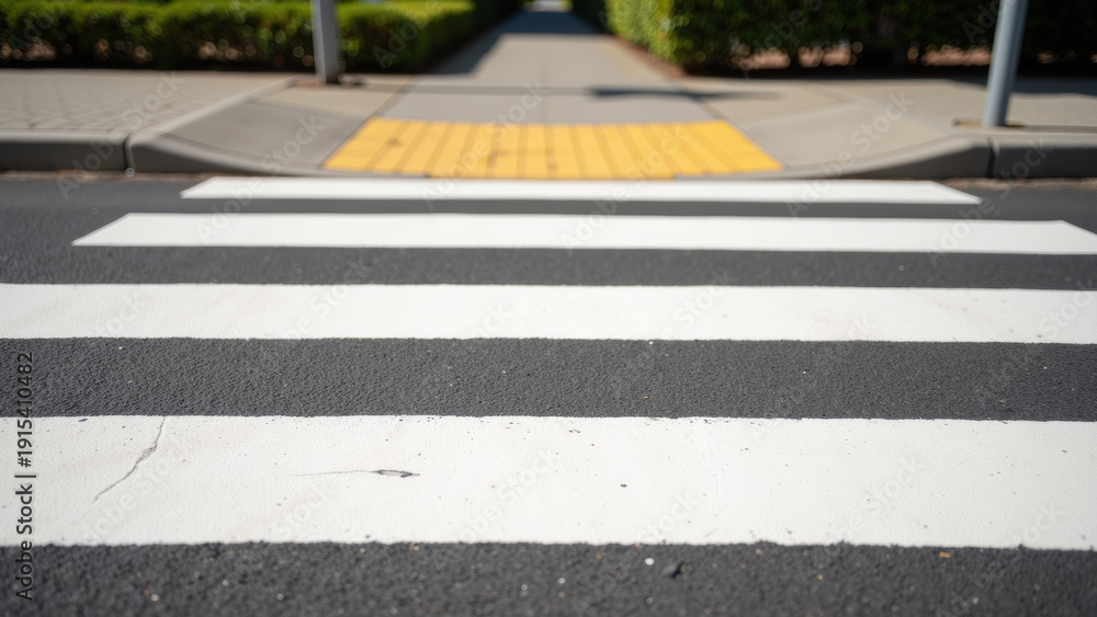 Obraz premium Pedestrian crosswalk asphalt road white stripes yellow tactile paving urban sidewalk safety accessibility sunny day