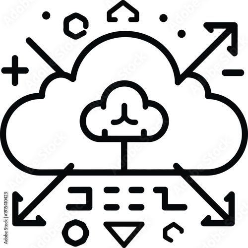 Vector illustration of a cloud with a frowning face surrounded by coding symbols and arrows isolated on White Background