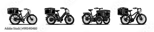 Bicycle delivery flat vector icons set. eco transport and cargo bike design
