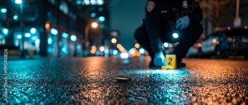Crime scene investigation at night with forensic expert collecting evidence on urban street with bokeh city lights background.