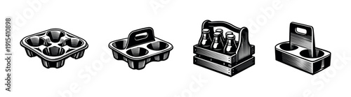 Beverage holders flat vector icons set. drink carriers and bottle holders illustrations collection