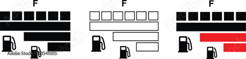Set of car fuel gauge level indicator icons and gas station symbols in black outline and red color isolated on white background for automotive dashboard interface design.