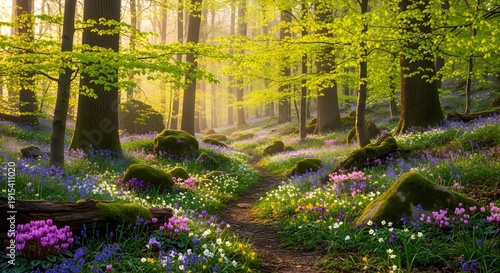 Enchanting forest path winding through vibrant spring flowers