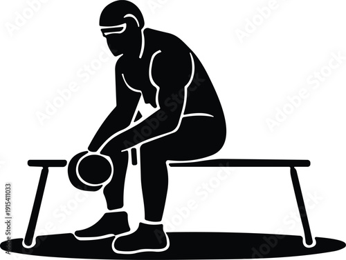 Black silhouette of a man sitting on a bench with a kettlebell person