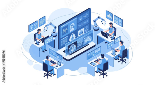 Team collaborating on a large computer screen project.