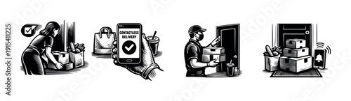 Delivery flat vector icons set: contactless, courier service, doorstep drop