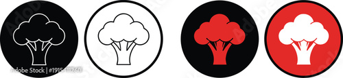 Broccoli vegetable icon set in black, white, and red circular styles for healthy food branding and modern design