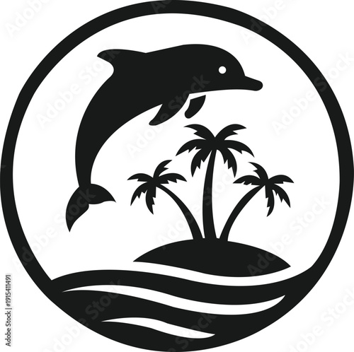  Creative coastal icon, dolphin jumping across a curved horizon line