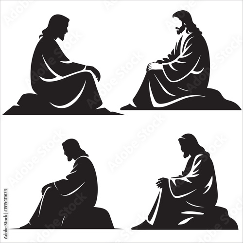 Wallpaper Mural Jesus Christ Praying and Sitting Silhouette Set: A collection of four black and white vector stencils showing Jesus in various sitting and praying poses. Torontodigital.ca