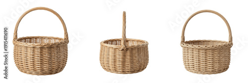 Empty Wicker Picnic Baskets Set, Realistic Natural Wood Weave Trays Isolated on Transparent PNG