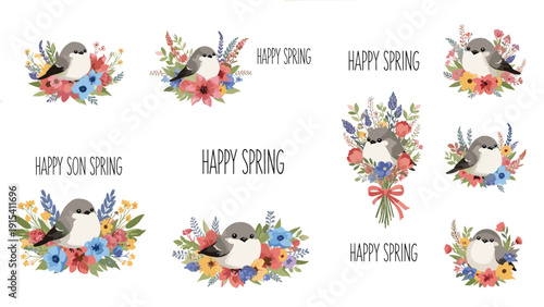Collection of cute bird characters nestled in colorful flower bouquets with phrase happy spring written in stylish fonts.