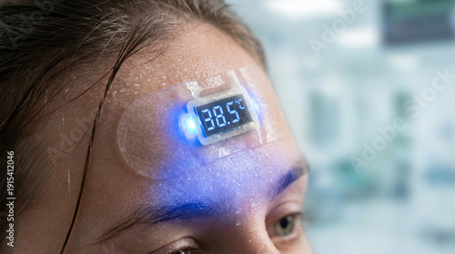 Smart fever patch on forehead showing temperature digits with razor sharp sweat beads and cooling blue light on skin