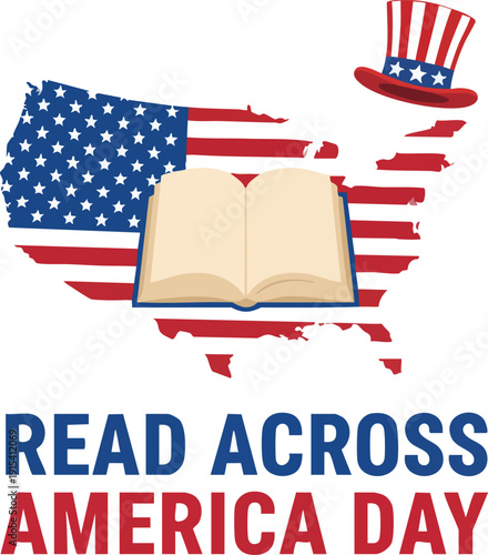 Read across america day graphic with open book, us map silhouette, and uncle sam hat
