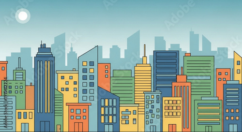 Vibrant cityscape with colorful buildings and modern architecture