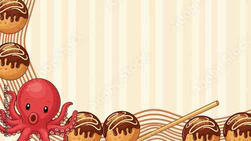 Themed background featuring cute red octopus and delicious takoyaki balls against striped beige and white backdrop design.