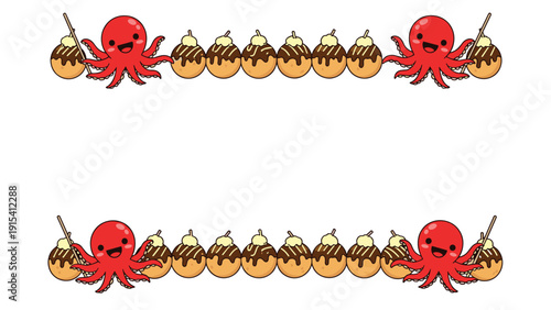 Playful border design featuring rows of takoyaki balls and cute red octopus characters on plain white background for menus.