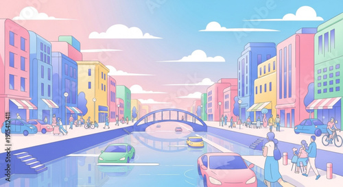 Vibrant cityscape with colorful buildings and busy street