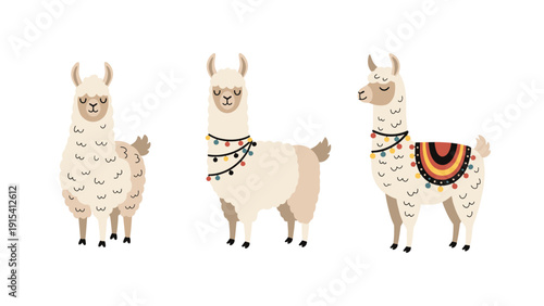 Set of three different white llama characters featuring plain, beaded, and traditional colorful blanket versions on white.