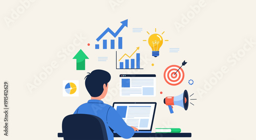 Businessman Analyzing Growth Charts and Digital Marketing Strategy on Laptop