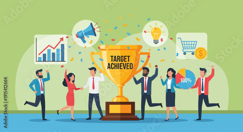Celebration of Team Success Business People Achieving Target Goals with Trophy and Growth Charts