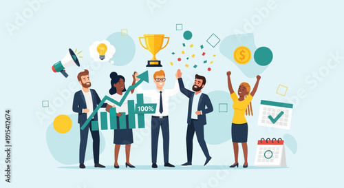 Successful Business Team Celebrating Achievement with Trophy and Growth Chart Illustration