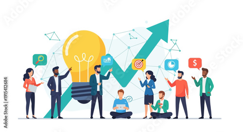 Diverse Business Team Collaborating on Growth Strategy with Bright Idea Lightbulb and Rising Arrow