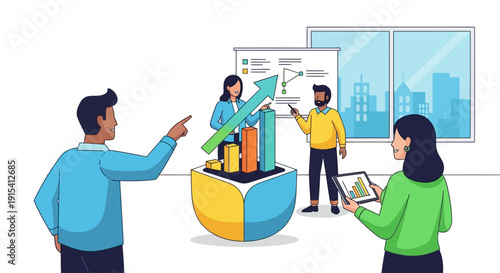 Diverse Business Team Analyzing Growth Charts for Startup Strategy and Financial Success