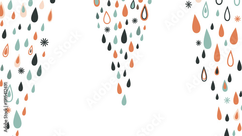Artistic pattern of stylized raindrops and snowflakes in muted tones of blue, orange, and black on white background.
