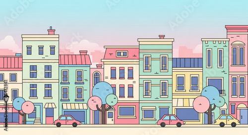 Colorful cartoon city street with buildings and cars
