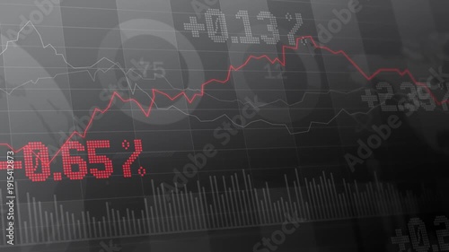 Abstract grayscale cryptocurrency trading dashboard with falling and rising red candlestick lines, bitcoin exchange statistics, USDT market data, futures arbitrage charts, digital technology interface