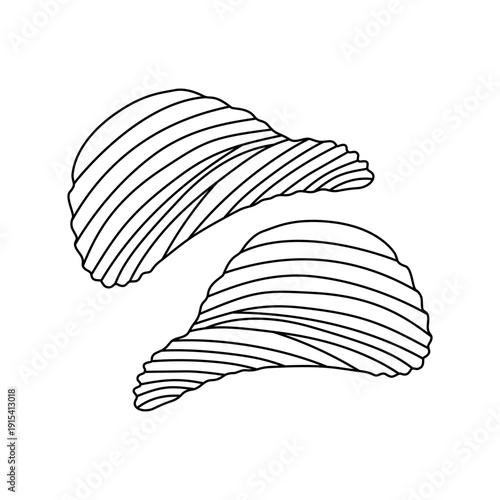 Minimalist black and white line art illustration showcasing a pair of wavy, ridged potato chips, perfect for culinary, snack food, and appetizer designs