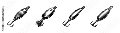 Fishing lure vector icons set. flat hooks and bait symbols. fishing gear collection