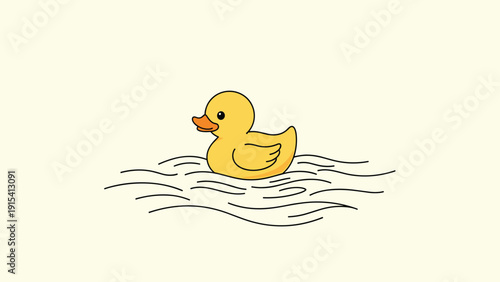 Classic yellow rubber duck toy floating alone on simple black line-drawn water waves against light cream background.