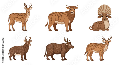 Collection of various exotic wild animals with horns and unique features standing isolated on white background