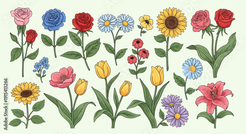 Colorful bouquet of assorted flowers including roses sunflowers tulips and daisies on light green background