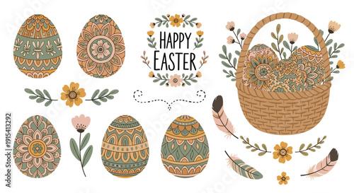 Decorated Easter eggs with floral patterns, flowers, feathers, and a basket on a white background.