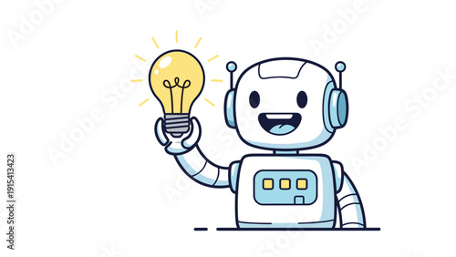 Happy white robot holding a glowing yellow lightbulb symbolizing creativity, innovation, and bright new ideas.