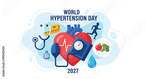 Promotional graphic for World Hypertension Day 2027 showcasing heart care, blood pressure checks, and a healthy lifestyle.