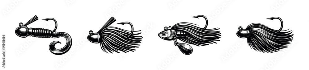 Obraz premium Fishing lures flat vector icons set. angling equipment and bait symbols in monochrome