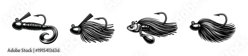 Fishing lures flat vector icons set. angling equipment and bait symbols in monochrome