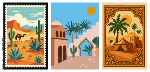 Set of three vintage desert travel posters. Retro illustration of camels, oasis, and arabic architecture in postage stamp style