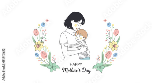 A mother with black hair in line art style embraces her child within a colorful flower wreath celebrating Happy Mother's Day.