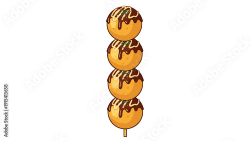 Four delicious takoyaki octopus balls served on a bamboo skewer with sauce and green seaweed flakes decoration.