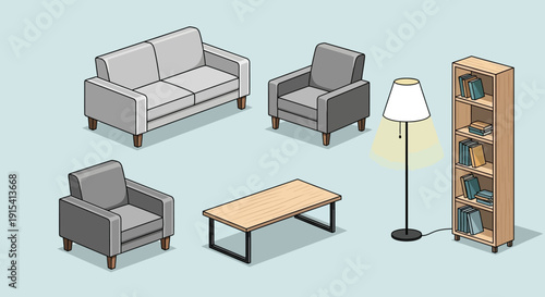 Furniture set with sofa armchairs coffee table bookshelf and lamp on light blue background modern living room interior