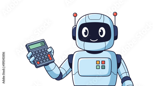 Cute blue and white robot character holding a digital calculator representing mathematics, finance, and accounting.